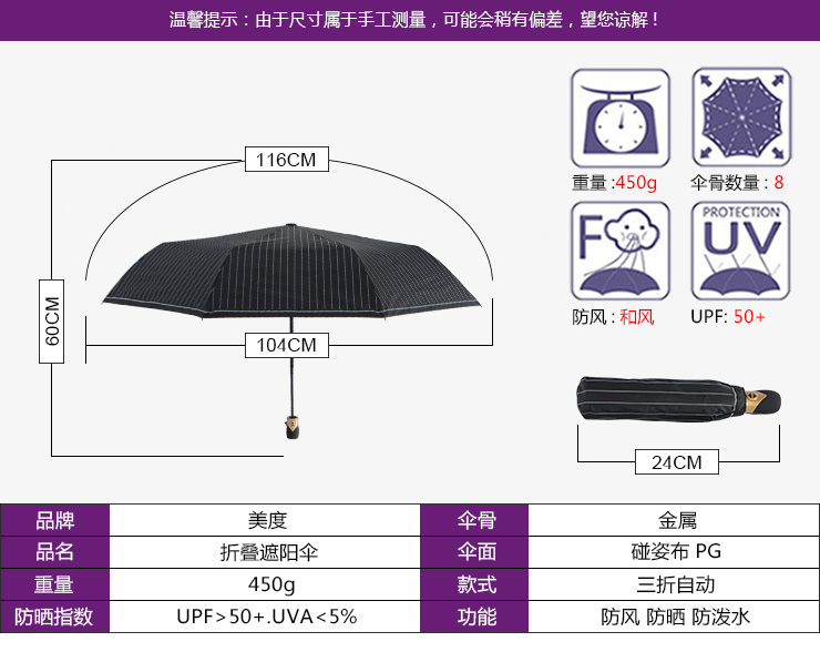 
                                        【京东超市】美度 绅士条纹全自动晴雨伞创意男士商务防晒遮阳伞3209蓝色                