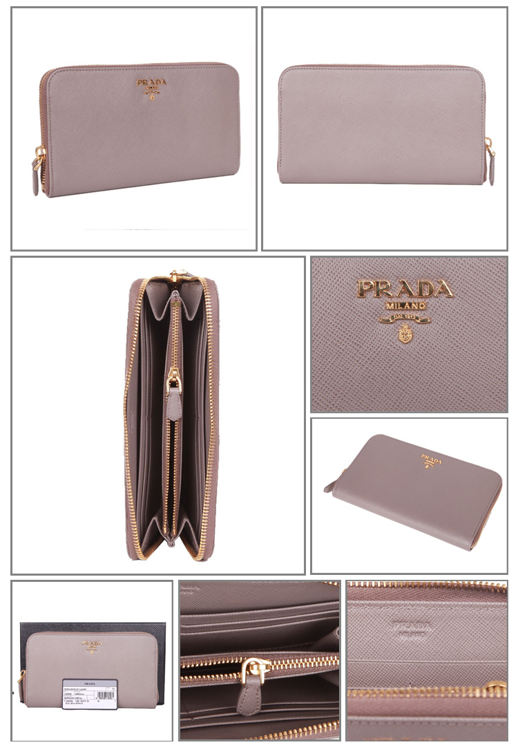 prada 普拉达 女款灰色真皮长款拉链钱夹钱包 1m0506