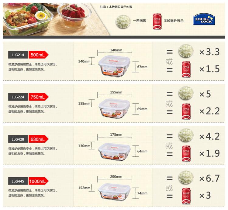 
                                        
                                                                                乐扣乐扣(LOCK&LOCK) 保鲜盒 微波炉饭盒玻璃便当盒四件套（500ml+630ml+750ml+1000ml） LLG445S910                