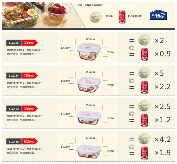 
                                        
                                                                                乐扣乐扣(lock&lock)微波炉饭盒 玻璃套装保鲜盒 套装六件套（300ml*2+380ml+630ml*2+750ml）LLG224S902                