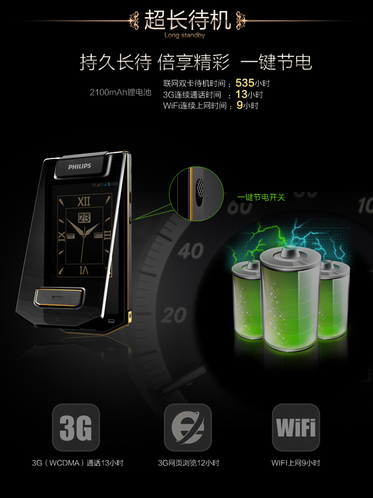 飞利浦 (W8568) 墨晶黑 联通3G手机 双卡双待