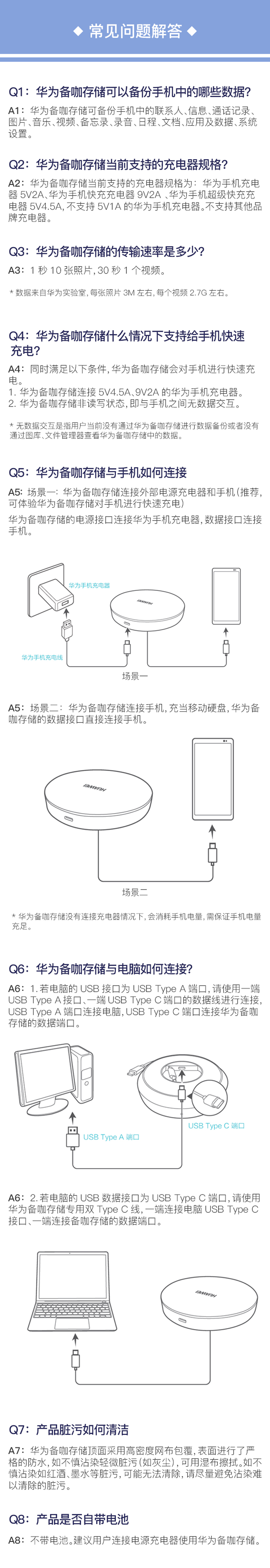 ◆常见问题解答◆Q1:华为备咖存储可以备份手机中的哪些数据?A1:华为备咖存储可备份手机中的联系入、信息、通话记录图片,音乐、视频、备忘录、录音、日程、文档应月及数据、系统Q2:华为备咖存储当前支持的充电器规格?A2:华为备咖存储当前支侍的充电器规格为:华为于机充屯器5v2∧、华为手机快充充电器9V2A、华为手机超级快充电器5VA.5A,不支持51A的华为手机充电器。不支持其他品牌充电器Q3:华为备咖存储的传输速率是多少?A3:1秒10张照片,30秒1个视频数据自华为实验室:每张照片3M左右,每个视27G左右Q4:华为备咖存储什么情况下支持给手机快速充电?4:同欥潇足以下条件,华为备咖存储会对手机进行快速充1.华为备咖存储连接5V4.2A的华为手机充电器华为备咖存储非读写状态,即与手机之间无数据交互无数据交互是用户当前没有道过华为备咖存进行数备份或者没有过图库、文件管理器查看华为备咖存惝中的数据Q5:华为备咖存储与手机如何连接A5:场景一:华为备咖存储连接外部电源充电器和手机(推荐,可体验华为备咖存储对手机进行快速充电华为备存储的电漂撥口连华为手机充电器,数据接连为备存诘连接手机.充当移动硬盘,华为备口直接连接手机大华为备咖存话没有连接充电器情沉下,会消耗手机电量,需保证手机电量Q6:华为备咖存储与电脑如何连接TA口单3C图为存倌的数据端口SB Tyne A粱口A6:2.若电脑的U3数据接口为 USE Type O端口,请使用为全咖存储专用双 Type C线,一端连接电脑UsET按口、一端连接备咖存储的数据端口Q7:产品脏污如何清洁A7:华为备咖存储顶面采用高密度网布包覆,表面进行了严格的防水,如不慎沾染轻微脏污(如灰尘),可用湿在擦拭。如不i染如红酒、墨水等脏污,可能无法清除,清尽星避免沾染难以清除的脏Q8:产品是否自带电池8:不带电沘,建议用户连接电源充电器使用华为备咖存情-推好价 | 品质生活 精选好价