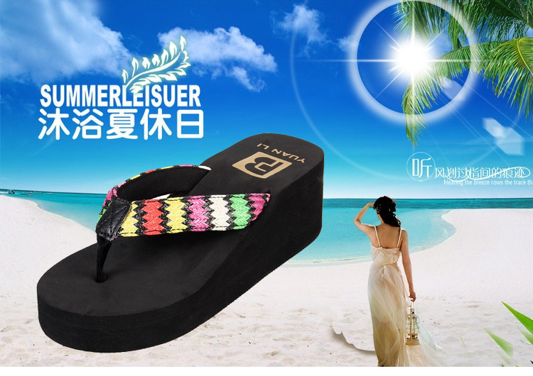 美尚品（meishangpin）编织居家女鞋夏季户外沙滩鞋坡跟夹脚拖鞋凉拖 女款藏青色36（适合34-35码穿）1577