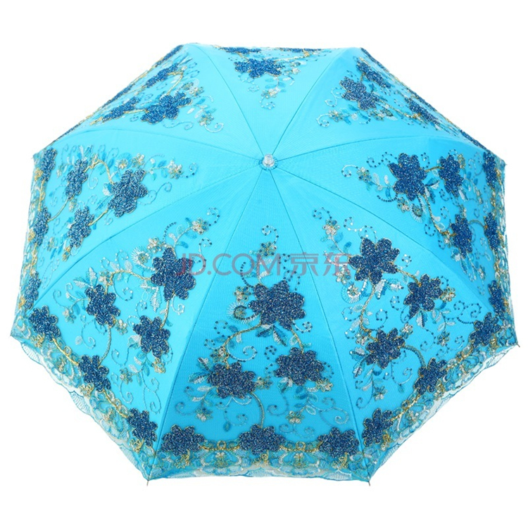 天堂伞 彩蕊叠翠黑胶双层纱绣二折晴雨伞23022E湖兰色