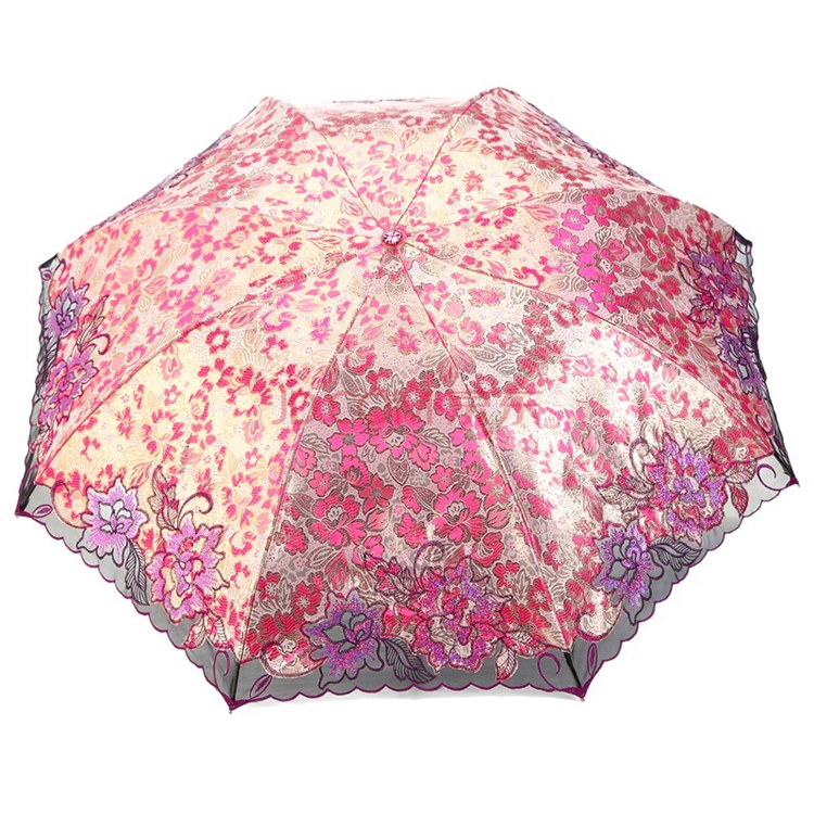 天堂伞 芬芳馥郁三折超轻绣花晴雨伞33203E金玫红