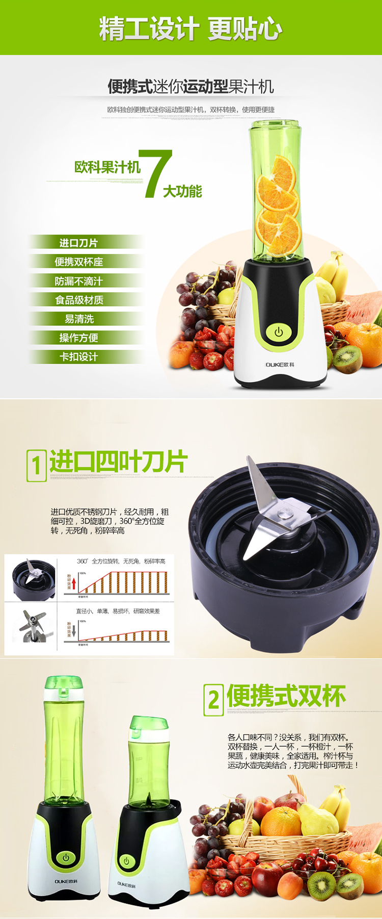 欧科（OUKE）OK1068A 榨汁机多功能家用搅拌料理机果汁机绞肉米糊机豆浆机