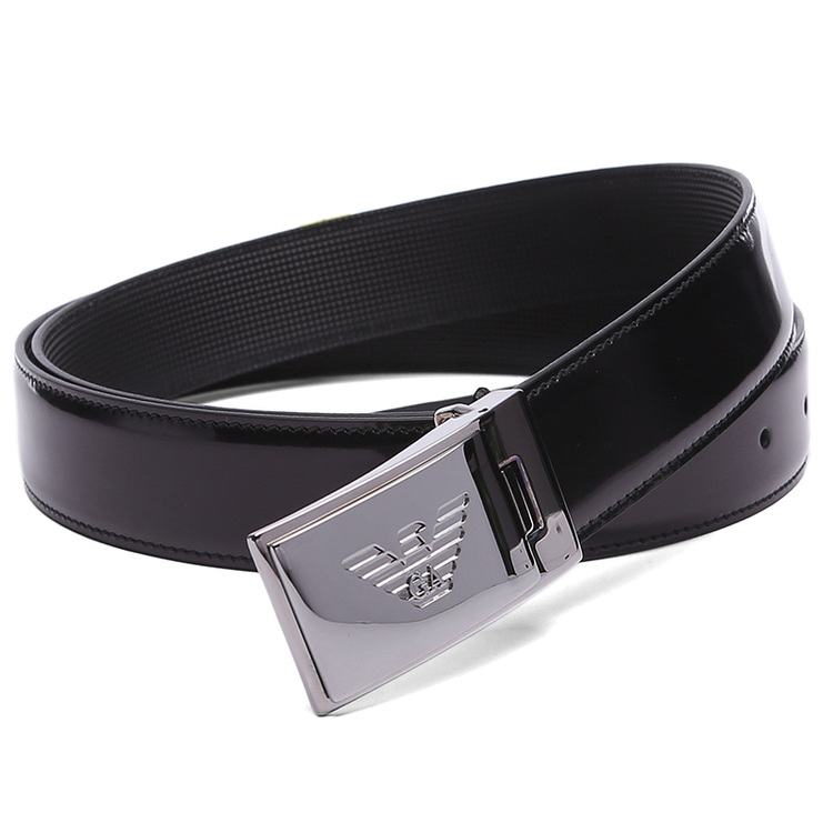 (第1期)emporio armani 阿玛尼 男士黑色牛皮银色金属logo板扣腰带
