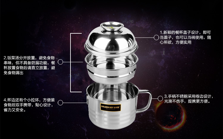 
                                        
                                        金钥匙（GOLDEN KEY）不锈钢日式多用快餐杯 14.5cm多层食堂快餐盒 二层学生便当盒 汤饭盒 GK-B145                