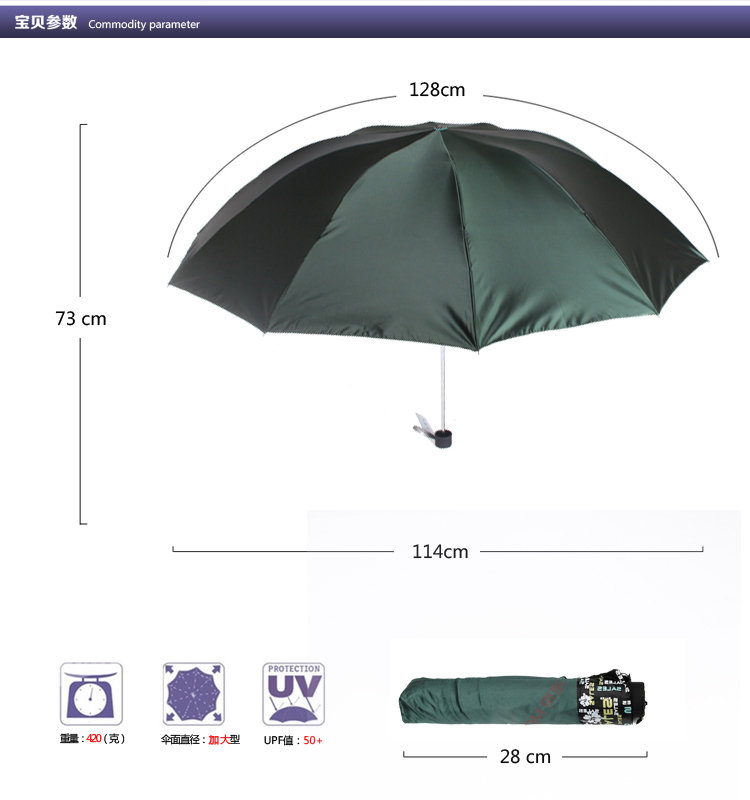 
                                        天堂伞（防晒值UPF50+）玉树临风缎面黑胶三折晴雨伞31012E军绿色                