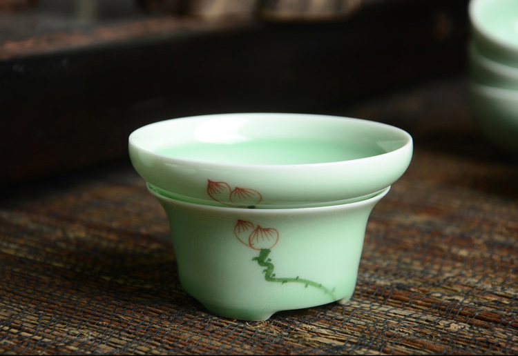 瓷恒堂 手绘荷花青瓷功夫茶具套装 陶瓷茶杯10头礼盒装