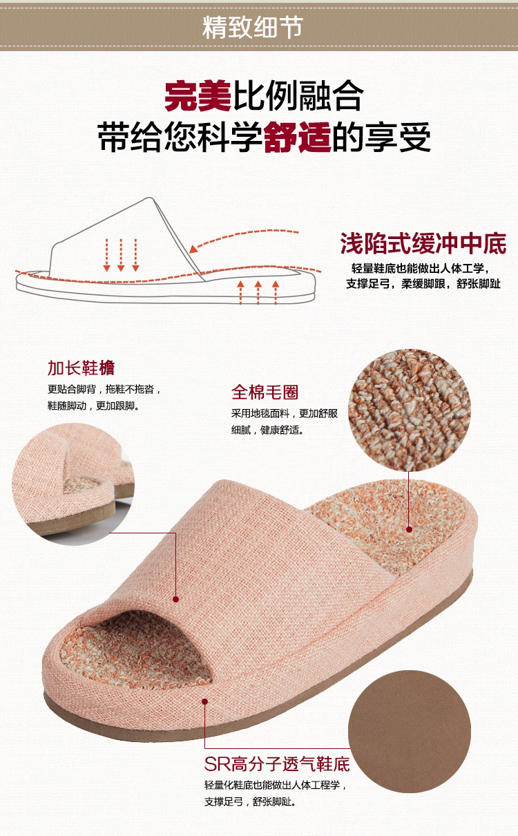 美尚品（meishangpin）四季情侣居家地毯盆底韩式室内木地板拖鞋 女款 米色 均码（适合35-38码）2001