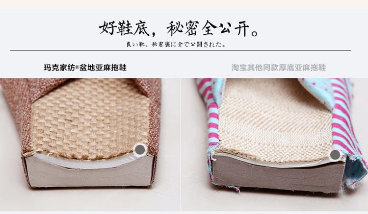 玛克 夏季亚麻拖鞋 男女情侣家居鞋 防滑木地板厚底拖鞋 条纹蓝色L39-41码