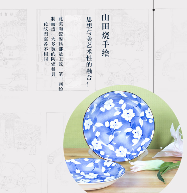 山田烧陶瓷盘子 瓷汤盘(7英寸)釉下彩日式和风深饭盘(2只装) 蓝吉祥