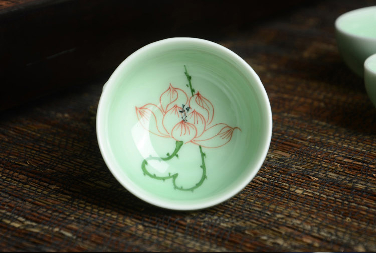 瓷恒堂 手绘荷花青瓷功夫茶具套装 陶瓷茶杯10头礼盒装
