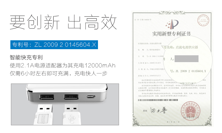 飞利浦 12000毫安 移动电源/充电宝 聚合物 双USB输出 DLP1120 白色