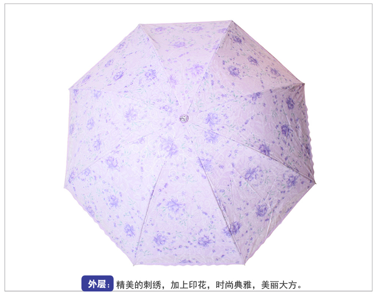 天堂伞 春光明媚碰击布刺绣双层防紫外线三折超轻晴雨伞 紫色 3101E