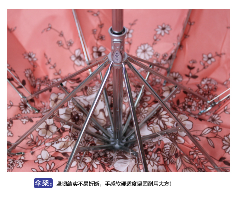 
                                        天堂伞 花色丁高密聚酯防紫外线三折钢伞晴雨伞 藏青小花 308T                