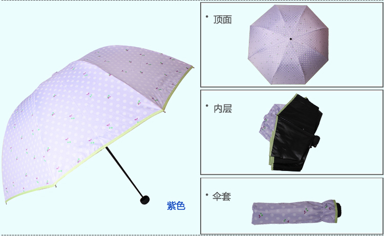 天堂伞 豆蔻青春黑胶丝印三折蘑菇晴雨伞太阳伞 浅蓝 33013E