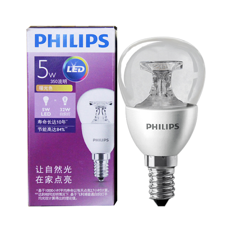 飞利浦PHILIPS LED灯泡 小球泡 5W E14小螺口2700K暖白色黄光 透明 单支装