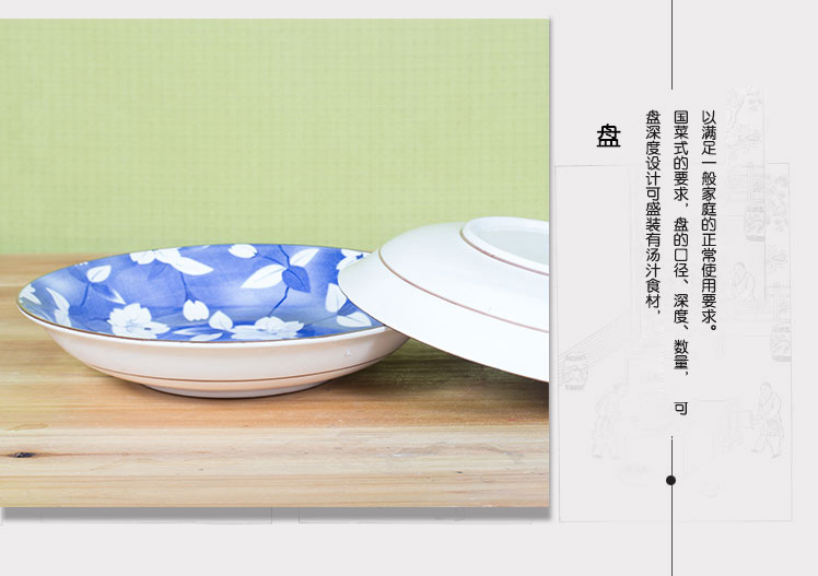 山田烧陶瓷盘子 瓷汤盘(7英寸)釉下彩日式和风深饭盘(2只装) 蓝吉祥