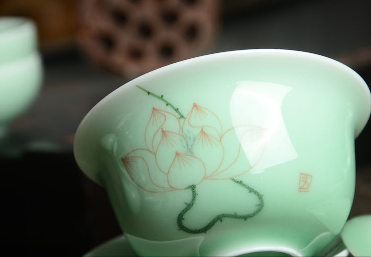 瓷恒堂 手绘荷花青瓷功夫茶具套装 陶瓷茶杯10头礼盒装