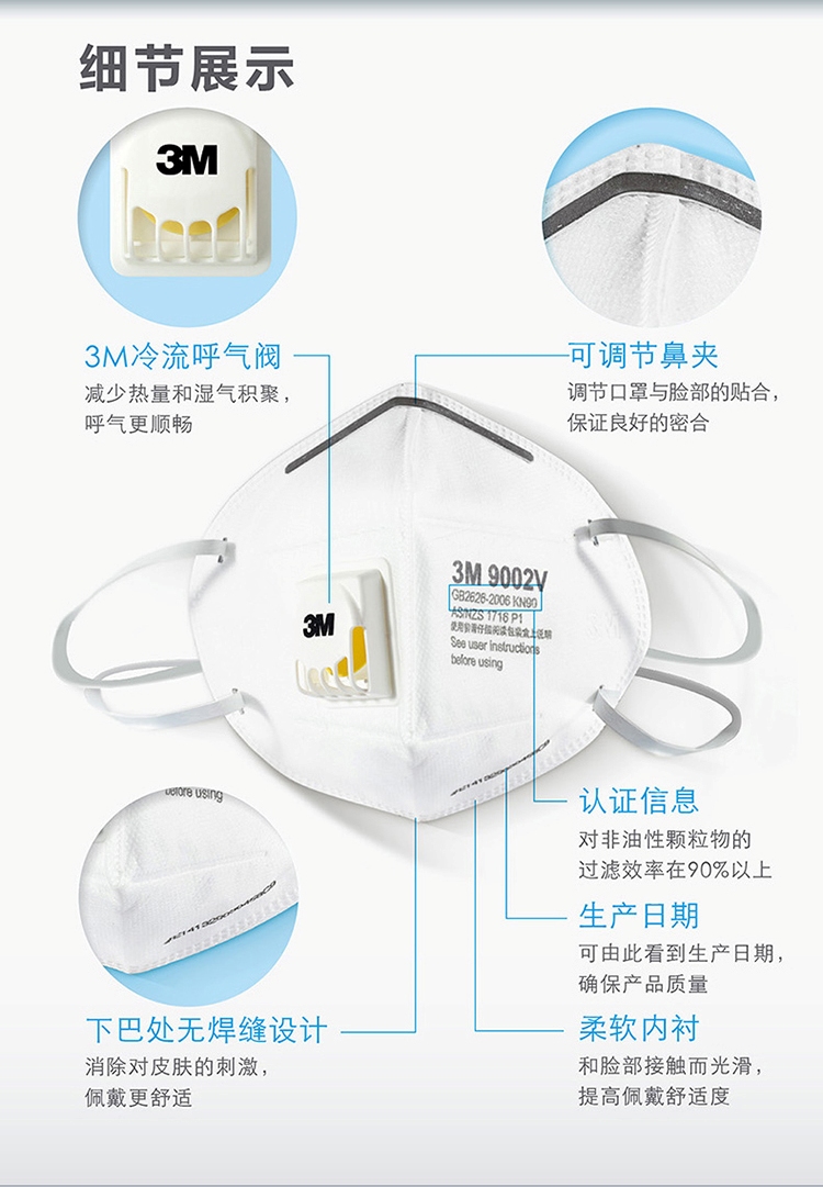 3M 头戴式带呼吸阀防PM2.5防雾霾口罩 3个/袋 9002V 