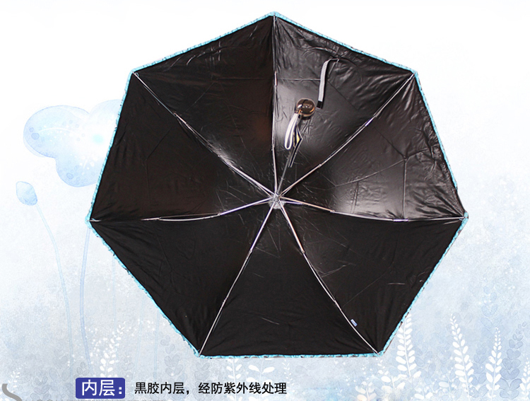 
                                        天堂伞 春日畅想黑胶丝印拼裙边三折超轻晴雨伞太阳伞 蓝绿 3343E                