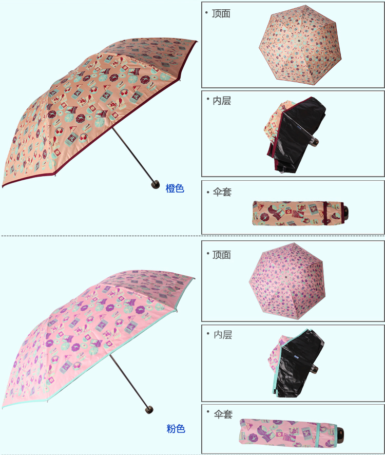天堂伞 都市印迹黑胶丝印包边防紫外线三折超轻晴雨伞 蓝绿 33064E
