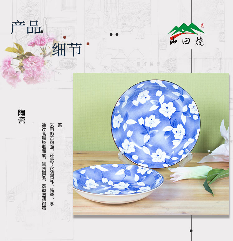 山田烧陶瓷盘子 瓷汤盘(7英寸)釉下彩日式和风深饭盘(2只装) 蓝吉祥
