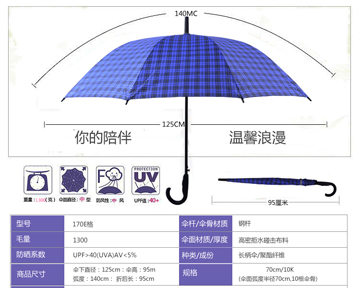 
                                        天堂伞 加大加固格子自开直杆商务晴雨伞 蓝格 170E                