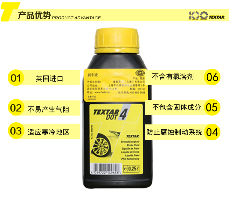 泰明顿(textar)dot4刹车油/制动液 英国原装进口250ml装(干沸点260