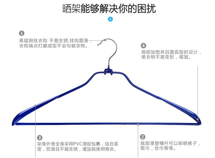 俏天下 宽肩衣架 浸塑防滑加宽大衣架 WL124 蓝色