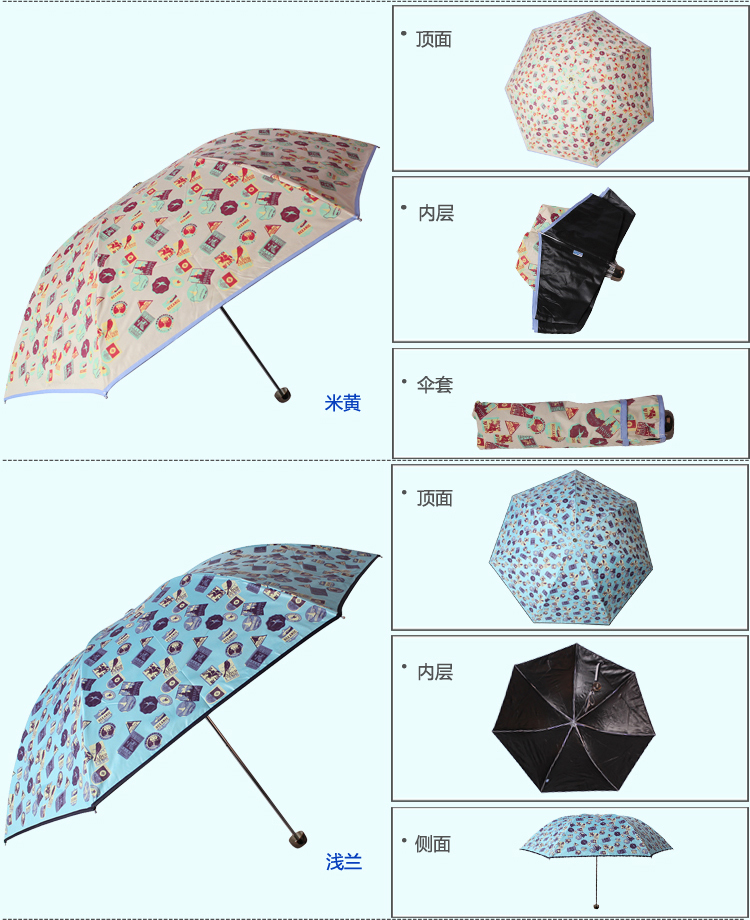 天堂伞 都市印迹黑胶丝印包边防紫外线三折超轻晴雨伞 蓝绿 33064E