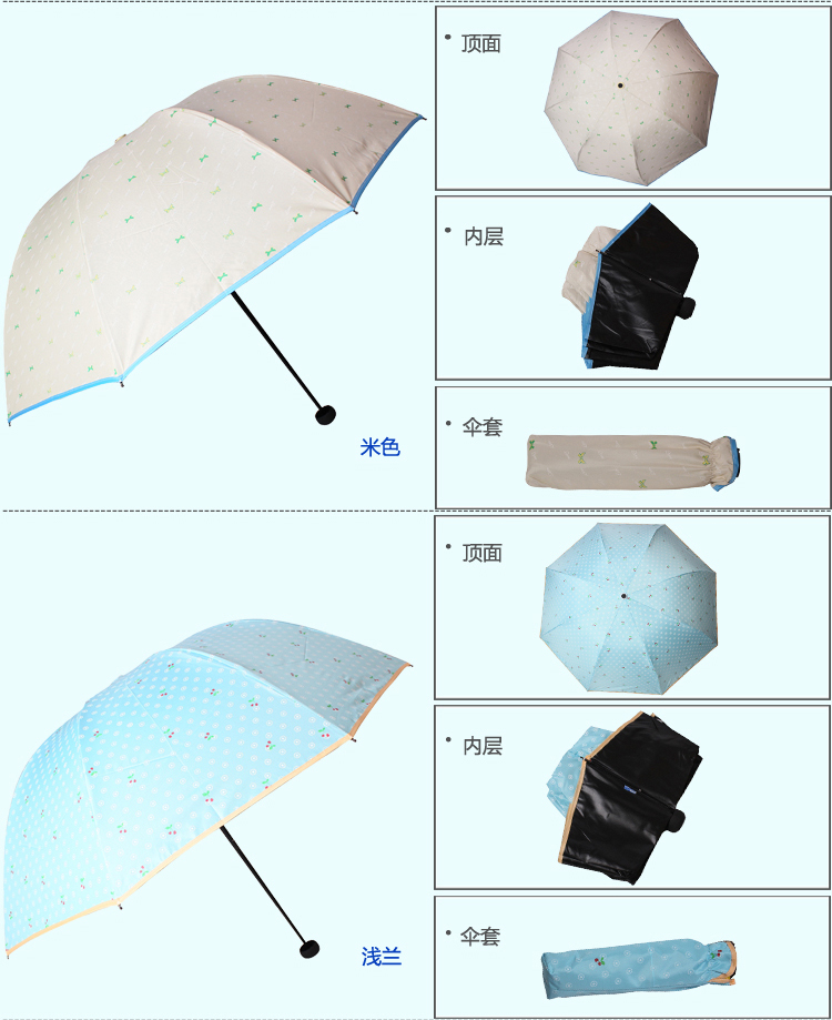 天堂伞 豆蔻青春黑胶丝印三折蘑菇晴雨伞太阳伞 浅蓝 33013E