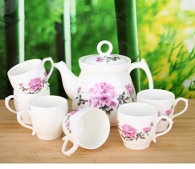 
                                        
                                                            洁雅杰茶具套装整套茶具陶瓷7件套(1茶壶+6茶杯)大容量礼盒装茶具套装 牡丹                