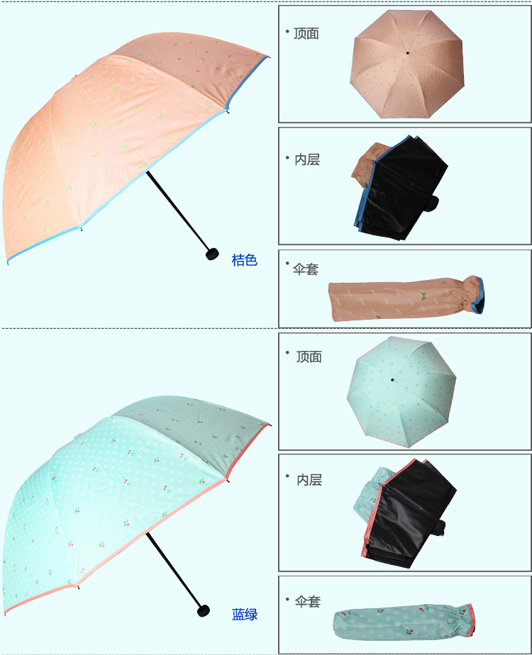 天堂伞 豆蔻青春黑胶丝印三折蘑菇晴雨伞太阳伞 浅蓝 33013E