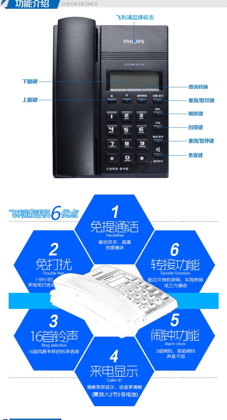 
                                        
                                                                                飞利浦(PHILIPS）电话机座机 固定电话 办公家用 免提通话 免电池 来电显示 CORD040白色 一年质保                
