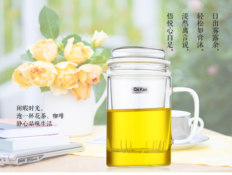 
                                        奇高茶杯 玻璃花果茶杯带过滤茶漏泡茶杯(400ml)带盖耐热玻璃滤茶杯 CK-101A                