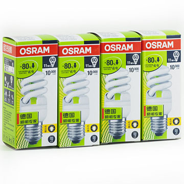 OSRAM欧司朗T2迷你螺旋节能灯11W暖白色E27三送一促销装