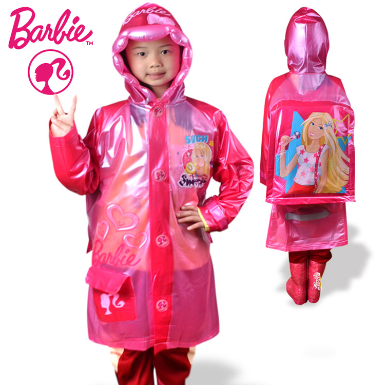芭比（Barbie）卡通儿童雨衣 女童带书包位反光条宝宝雨衣 BY-002枚红色 L 充气帽檐/书包位设计