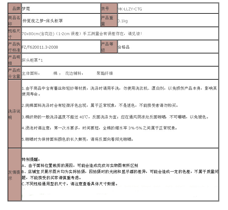 梦蔻（ARTDECO） 加厚全棉床头柜罩 仲夏夜之梦 韩式田园多用盖布 70x80cm(含花边)