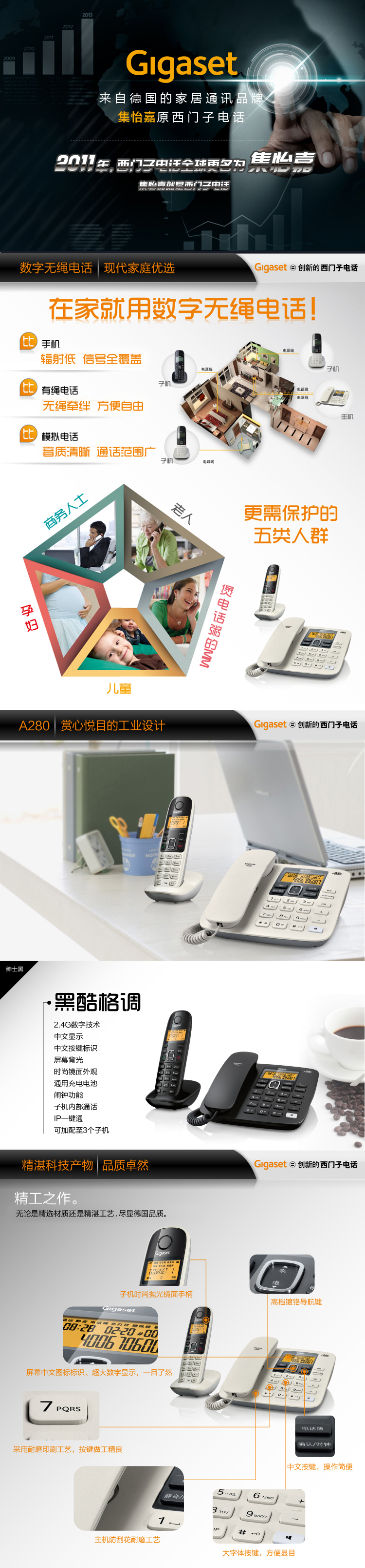 
                                                            Gigaset原西门子无绳电话机 子母机 无线座机 固定电话 家用办公固话 中文来电显示 免提通话 A280一拖一(黑)                