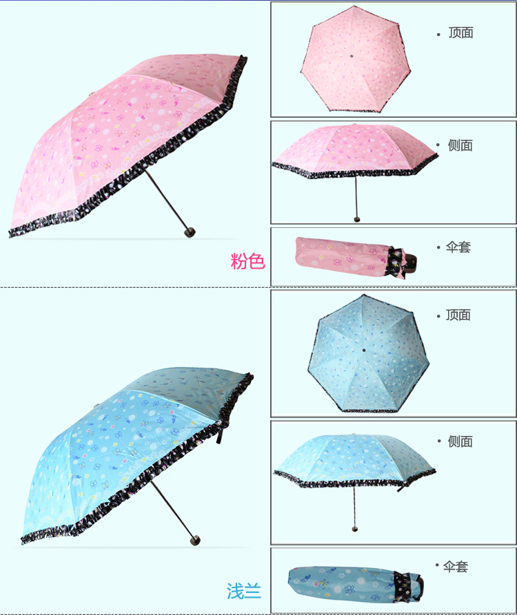 
                                        天堂伞 春日畅想黑胶丝印拼裙边三折超轻晴雨伞太阳伞 蓝绿 3343E                