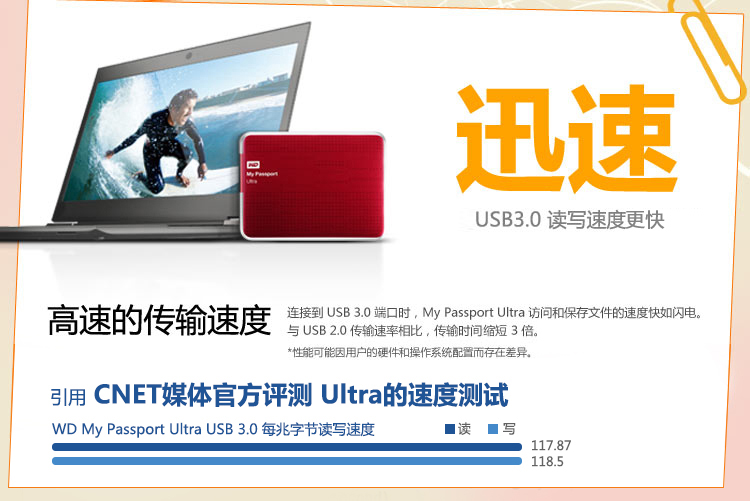 西部数据（WD） My Passport  Ultra USB3.0 1TB 超便携移动硬盘 （红色）WDBZFP0010BRD