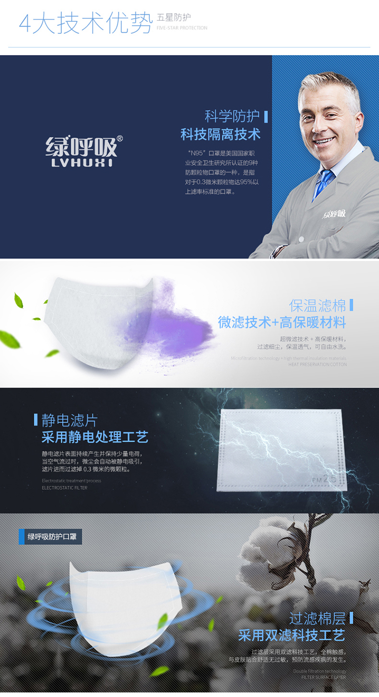 绿之源 绿呼吸防尘口罩舒适保暖型含3片静电吸附滤片蓝灰格L秋冬款 精品包装