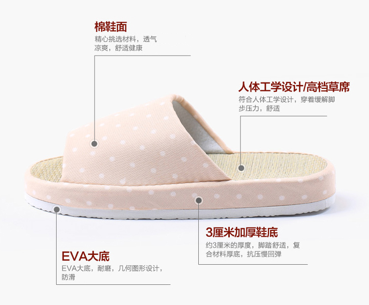 Homix 草编防滑厚底家居拖鞋 米色波点 35-38码