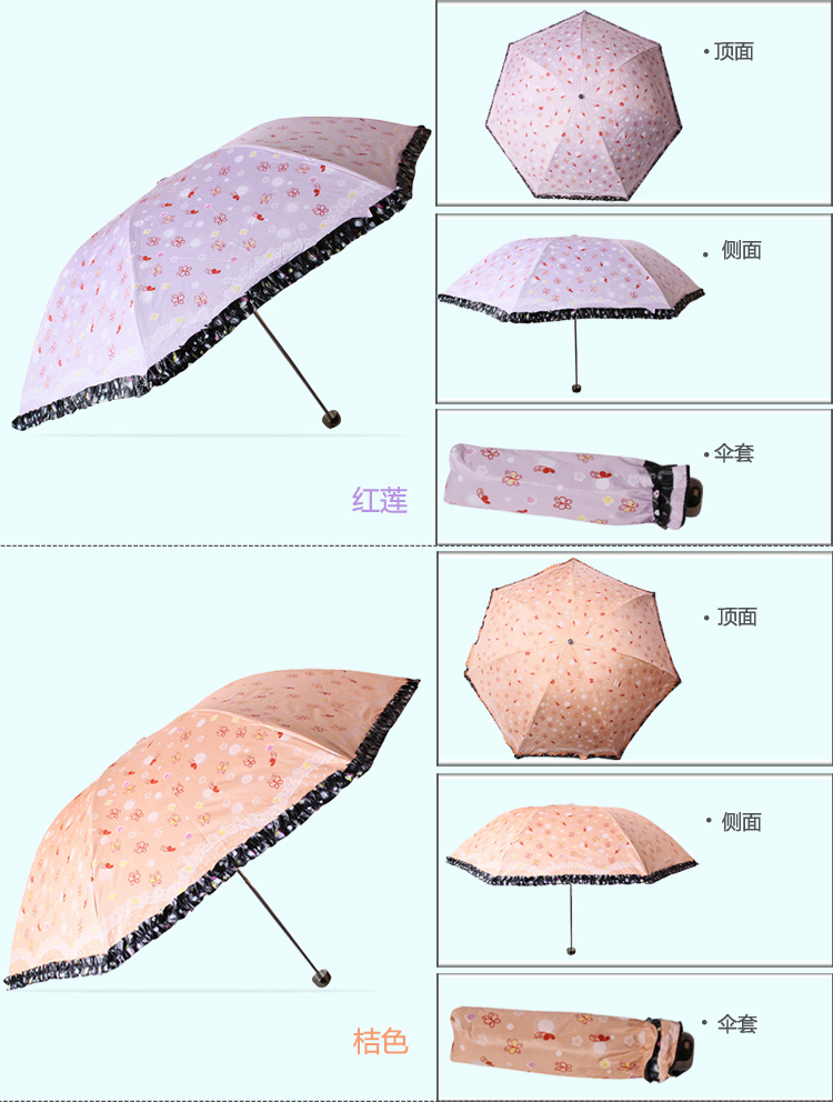 
                                        天堂伞 春日畅想黑胶丝印拼裙边三折超轻晴雨伞太阳伞 蓝绿 3343E                