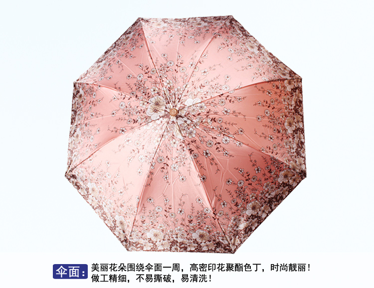 
                                        天堂伞 花色丁高密聚酯防紫外线三折钢伞晴雨伞 藏青小花 308T                