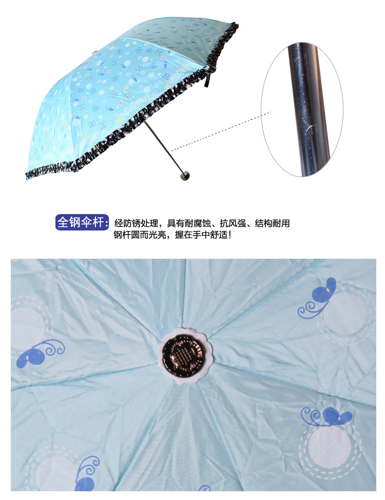 
                                        天堂伞 春日畅想黑胶丝印拼裙边三折超轻晴雨伞太阳伞 蓝绿 3343E                