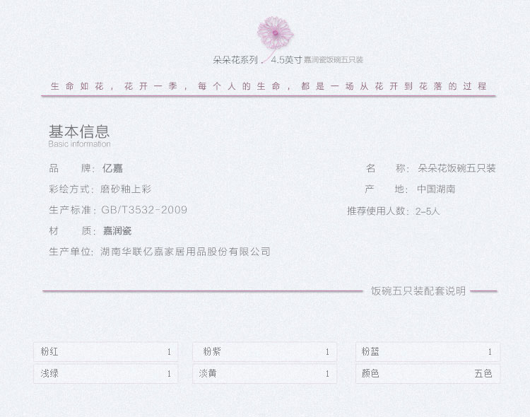 
                                        
                                        亿嘉IJARL 创意家用陶瓷器4.5英寸饭碗套装5只装 朵朵花                